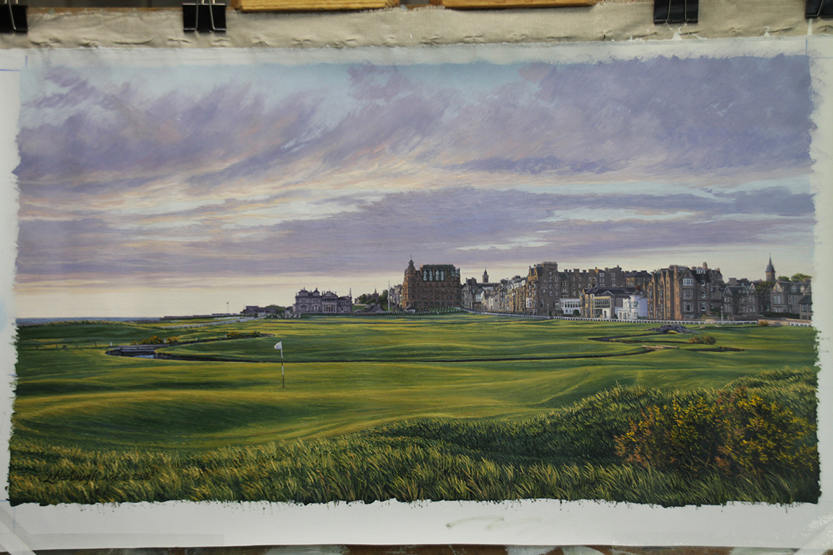 A work-in-progress painting of the 1st hole at St Andrews (Old Course) by renowned Hilton Head Island artist Linda Hartough