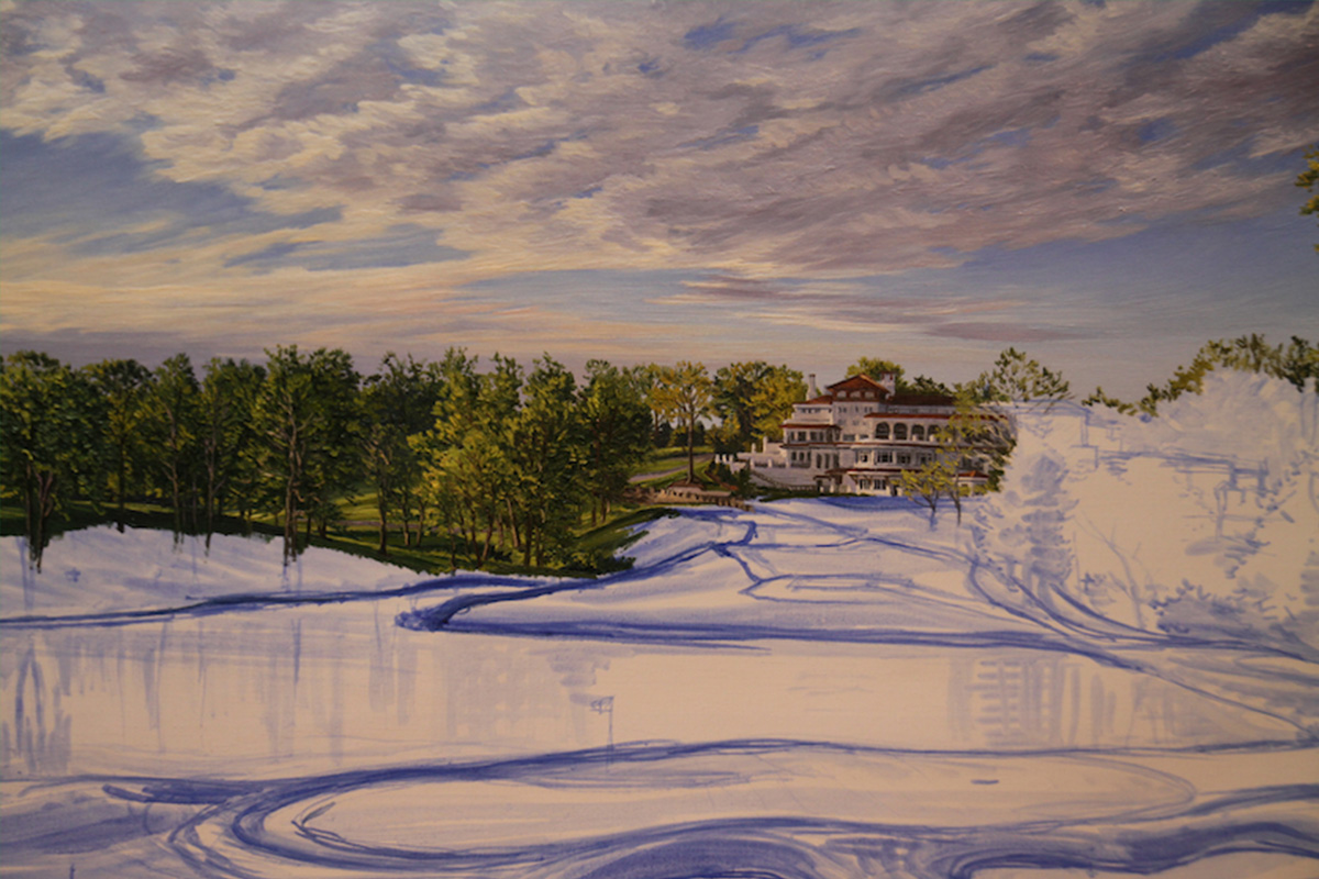 A work-in-progress painting of the 10th hole at Congressional, 2011 US Open Championship by renowned Hilton Head Island artist Linda Hartough