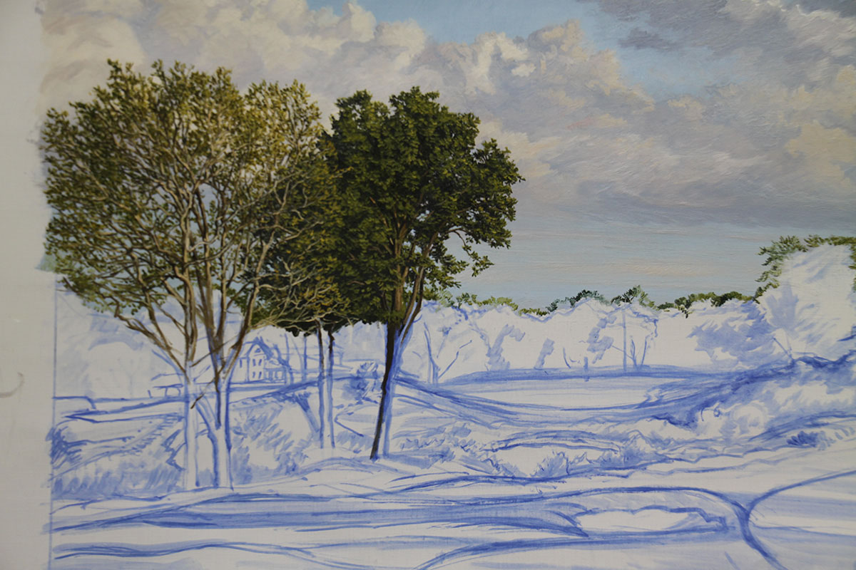 A work-in-progress painting of the 16th hole at Merion, 2013 US Open Championship by renowned Hilton Head Island artist Linda Hartough