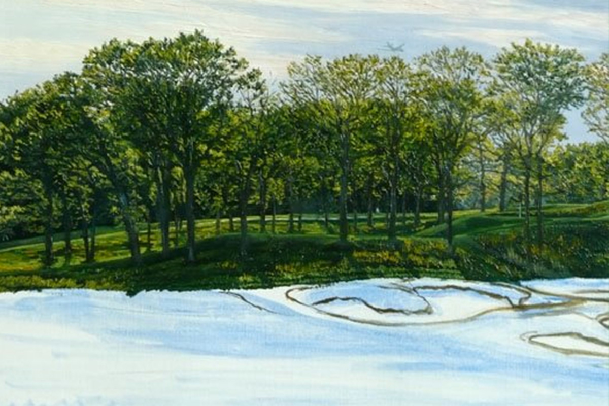 A work-in-progress painting of the 17th hole at Bethpage, 2009 US Open Championship by renowned Hilton Head Island artist Linda Hartough