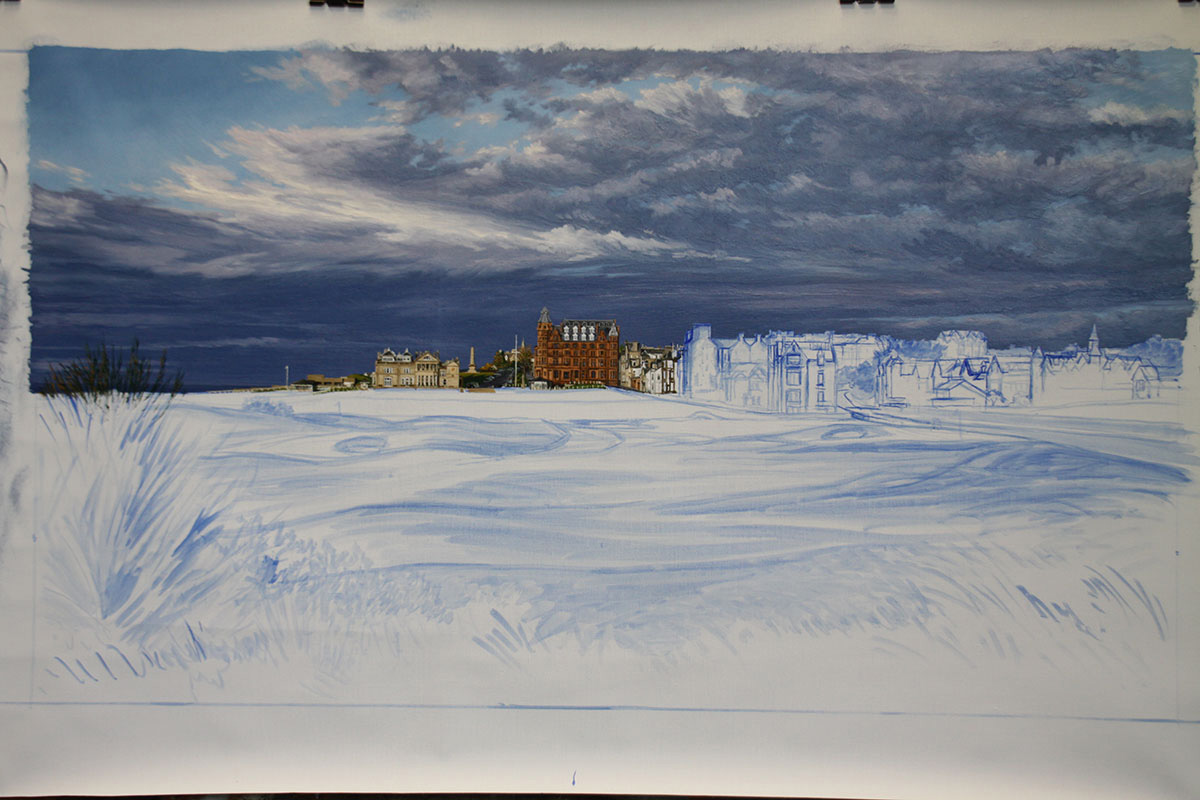 A work-in-progress painting of the 17th hole at Road Hole, St Andrews by renowned Hilton Head Island artist Linda Hartough