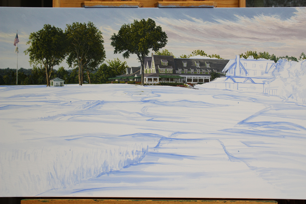 A work-in-progress painting of the 18th hole at Oakmont Country Club by renowned Hilton Head Island artist Linda Hartough
