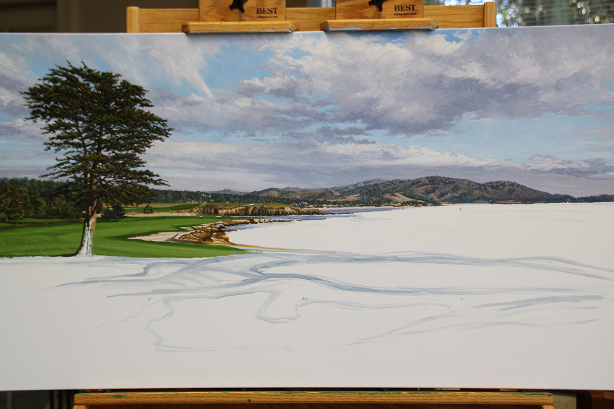 A work-in-progress painting of the 18th hole at Pebble Beach by renowned Hilton Head Island artist Linda Hartough