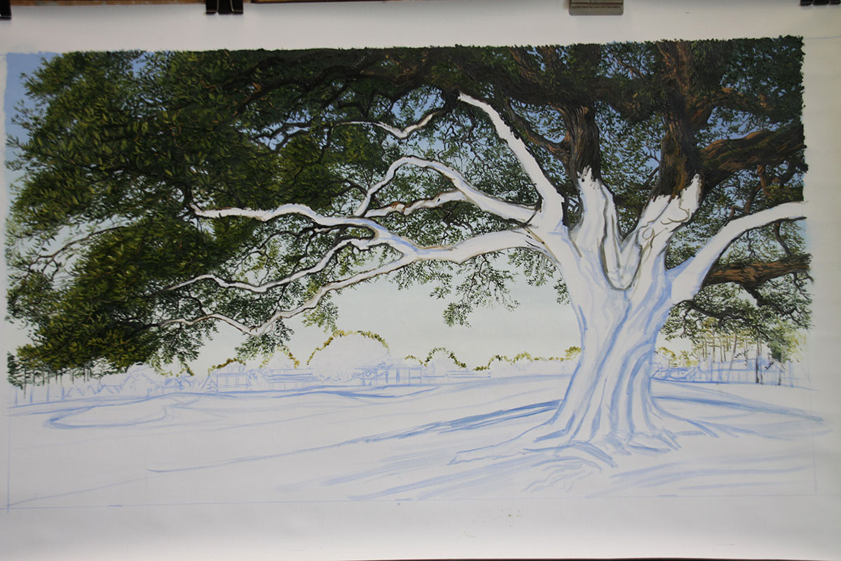 A work-in-progress painting of the 18th hole at Clubhouse, Augusta National by renowned Hilton Head Island artist Linda Hartough