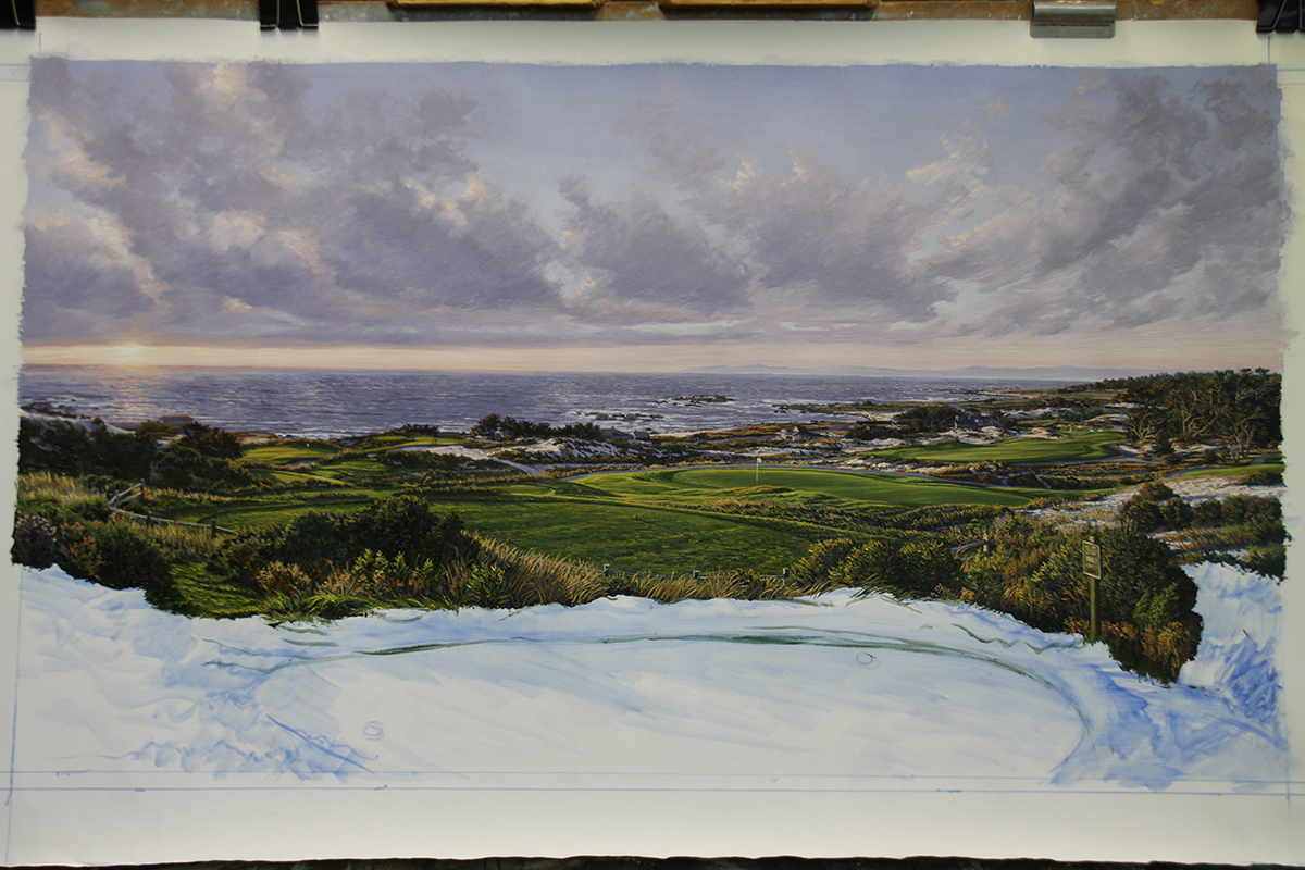 A work-in-progress painting of the 3rd hole at Spy Glass Hill by renowned Hilton Head Island artist Linda Hartough