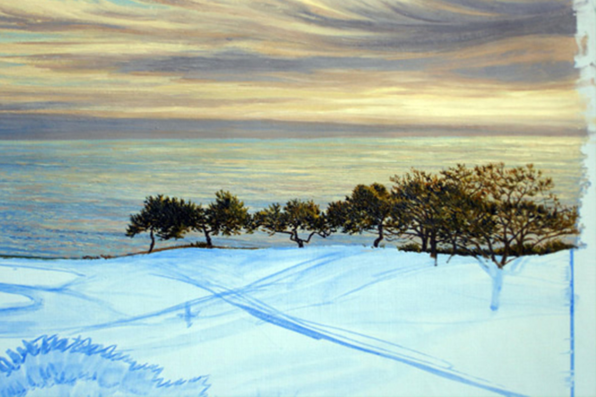 A work-in-progress painting of the 3rd hole at Torrey Pines, 2008 US Open Championship by renowned Hilton Head Island artist Linda Hartough