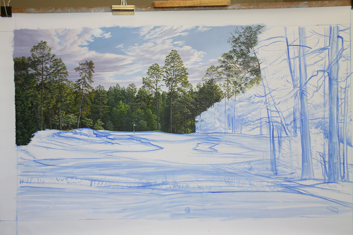 A work-in-progress painting of the 5th hole at Pinehurst, 2014 US Open Championship by renowned Hilton Head Island artist Linda Hartough