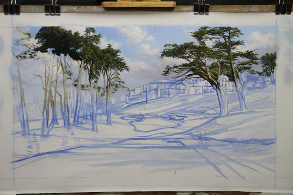 A work-in-progress painting of the 8th hole at Olympic, 2012 US Open Championship by renowned Hilton Head Island artist Linda Hartough