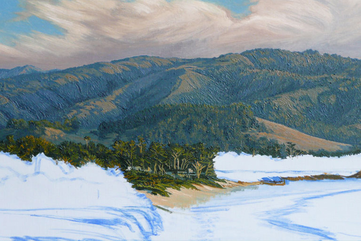 A work-in-progress painting of the 9th hole at Pebble Beach, 2010 US Open Championship by renowned Hilton Head Island artist Linda Hartough