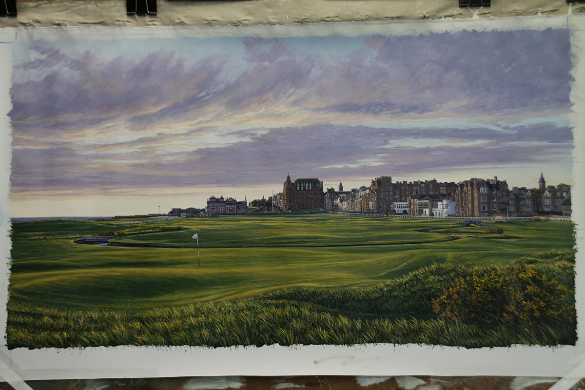 A work-in-progress painting of the 1st hole at St Andrews (Old Course) by renowned Hilton Head Island artist Linda Hartough
