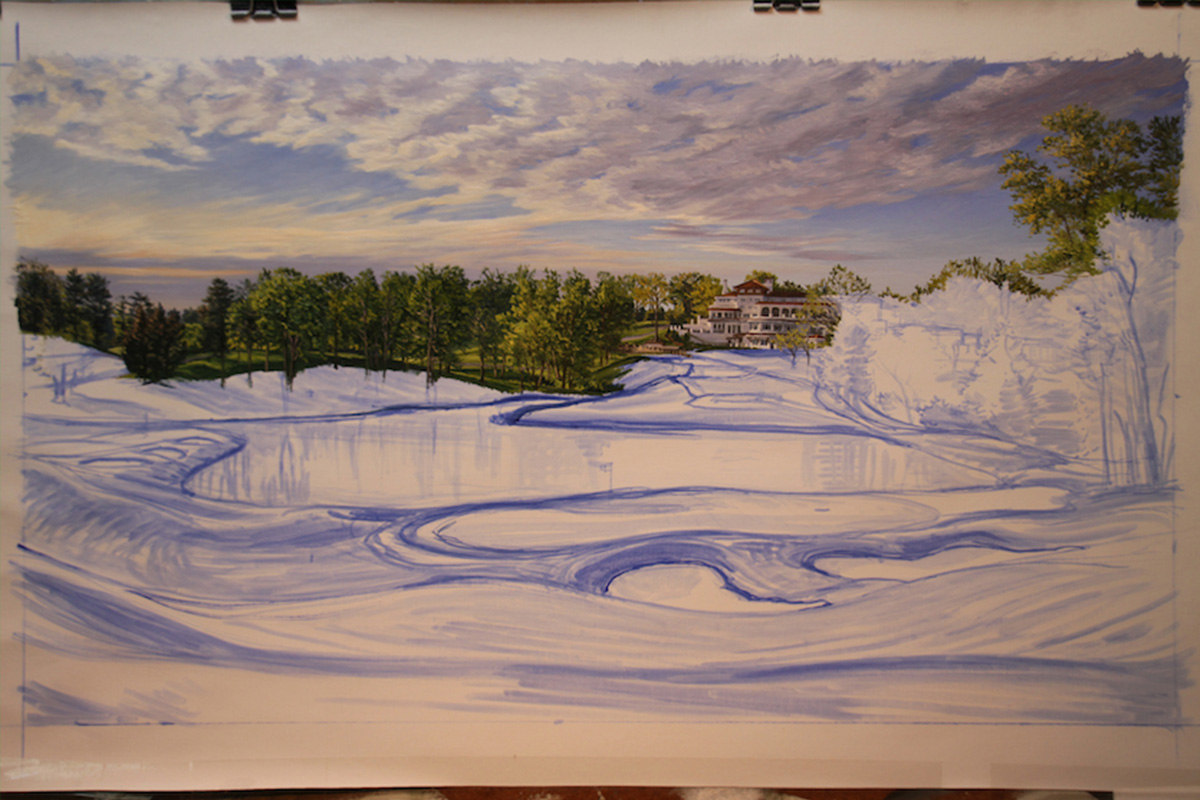 A work-in-progress painting of the 10th hole at Congressional, 2011 US Open Championship by renowned Hilton Head Island artist Linda Hartough