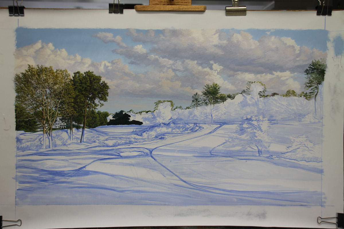 A work-in-progress painting of the 16th hole at Merion, 2013 US Open Championship by renowned Hilton Head Island artist Linda Hartough