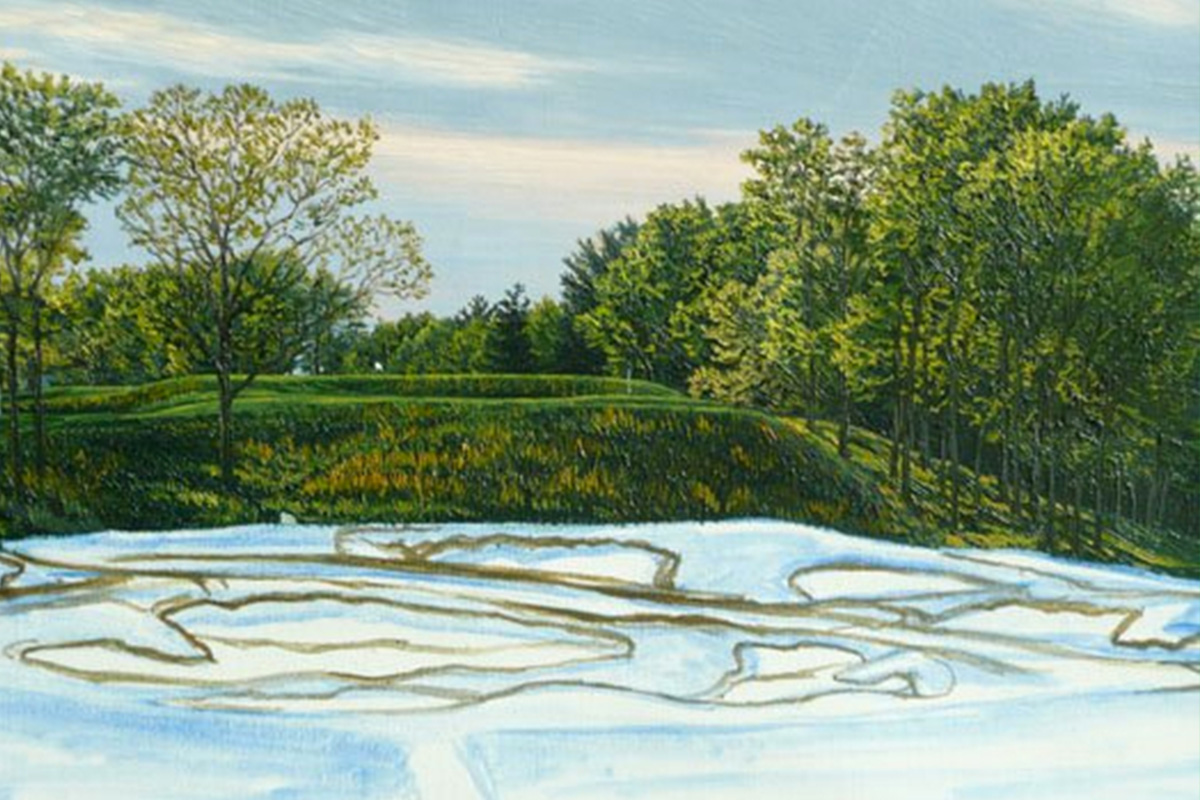 A work-in-progress painting of the 17th hole at Bethpage, 2009 US Open Championship by renowned Hilton Head Island artist Linda Hartough