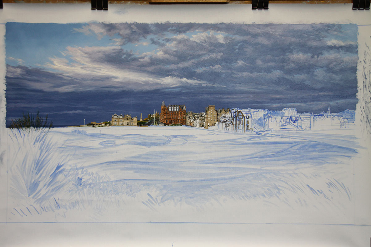 A work-in-progress painting of the 17th hole at Road Hole, St Andrews by renowned Hilton Head Island artist Linda Hartough