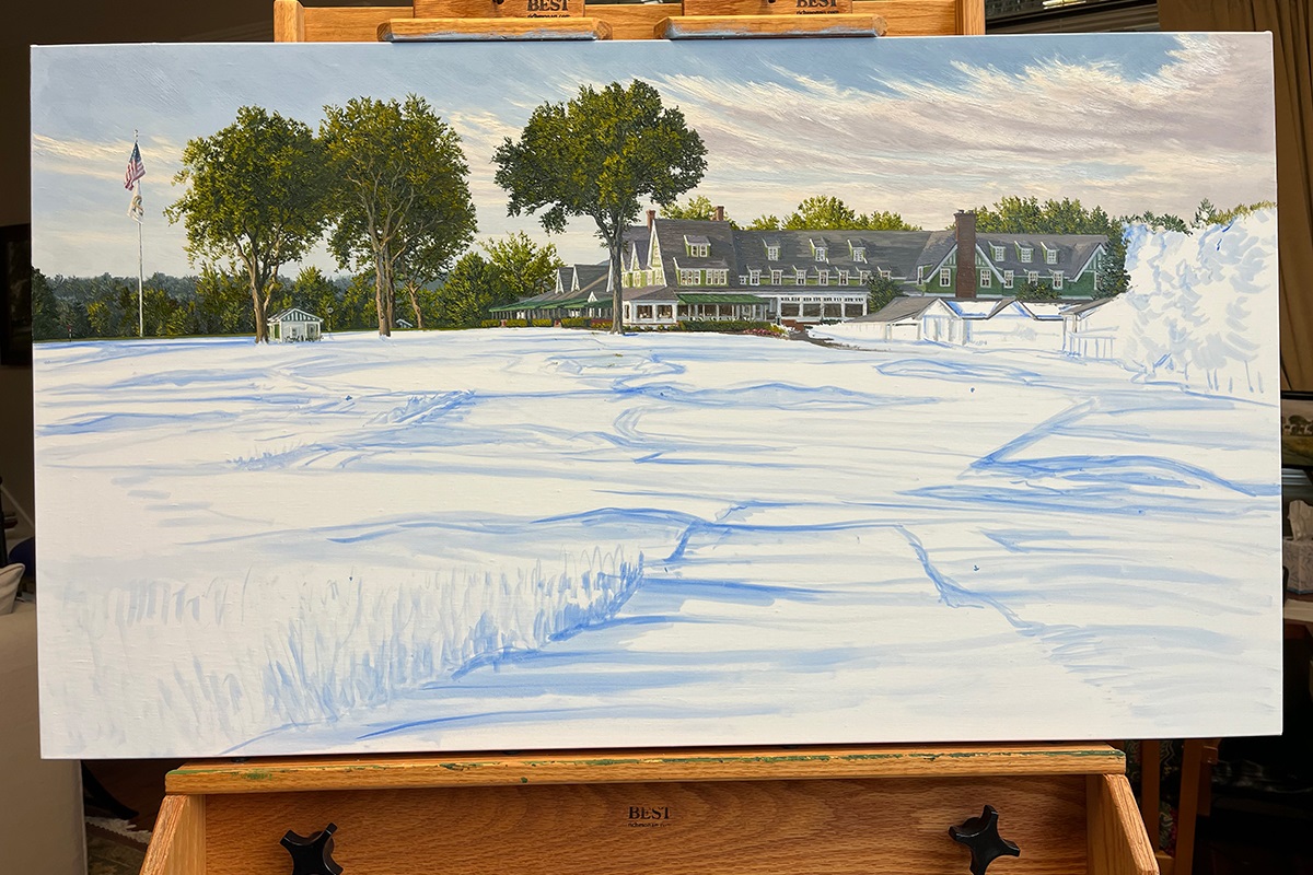A work-in-progress painting of the 18th hole at Oakmont Country Club by renowned Hilton Head Island artist Linda Hartough