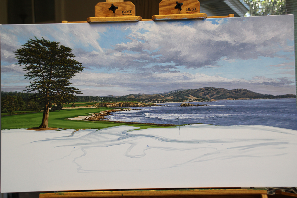 A work-in-progress painting of the 18th hole at Pebble Beach by renowned Hilton Head Island artist Linda Hartough