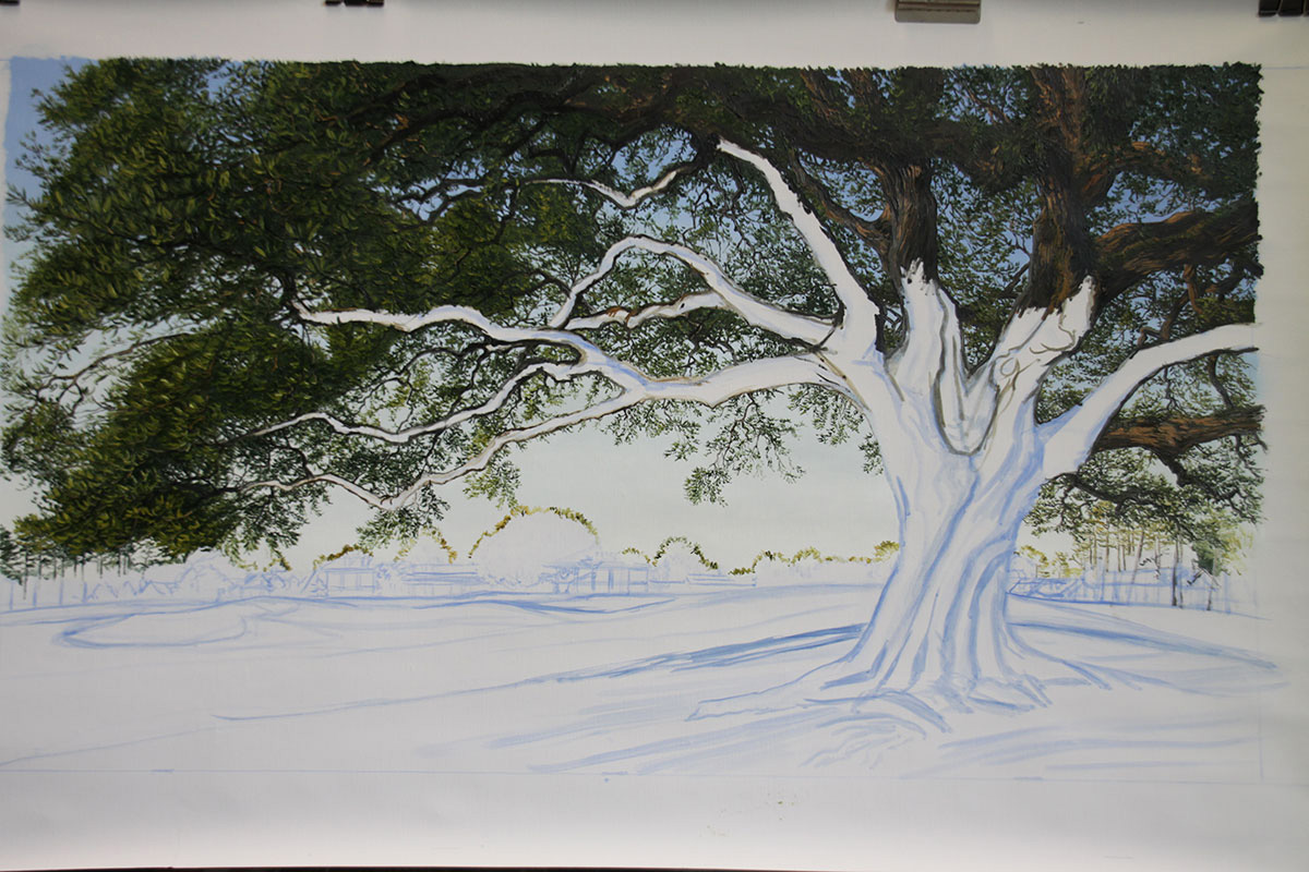 A work-in-progress painting of the 18th hole at Clubhouse, Augusta National by renowned Hilton Head Island artist Linda Hartough