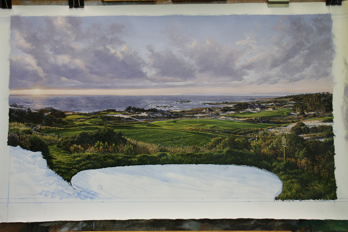 A work-in-progress painting of the 3rd hole at Spy Glass Hill by renowned Hilton Head Island artist Linda Hartough