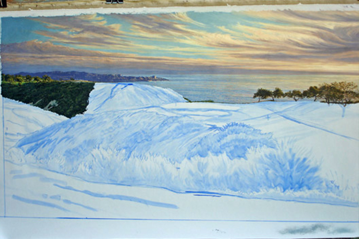 A work-in-progress painting of the 3rd hole at Torrey Pines, 2008 US Open Championship by renowned Hilton Head Island artist Linda Hartough