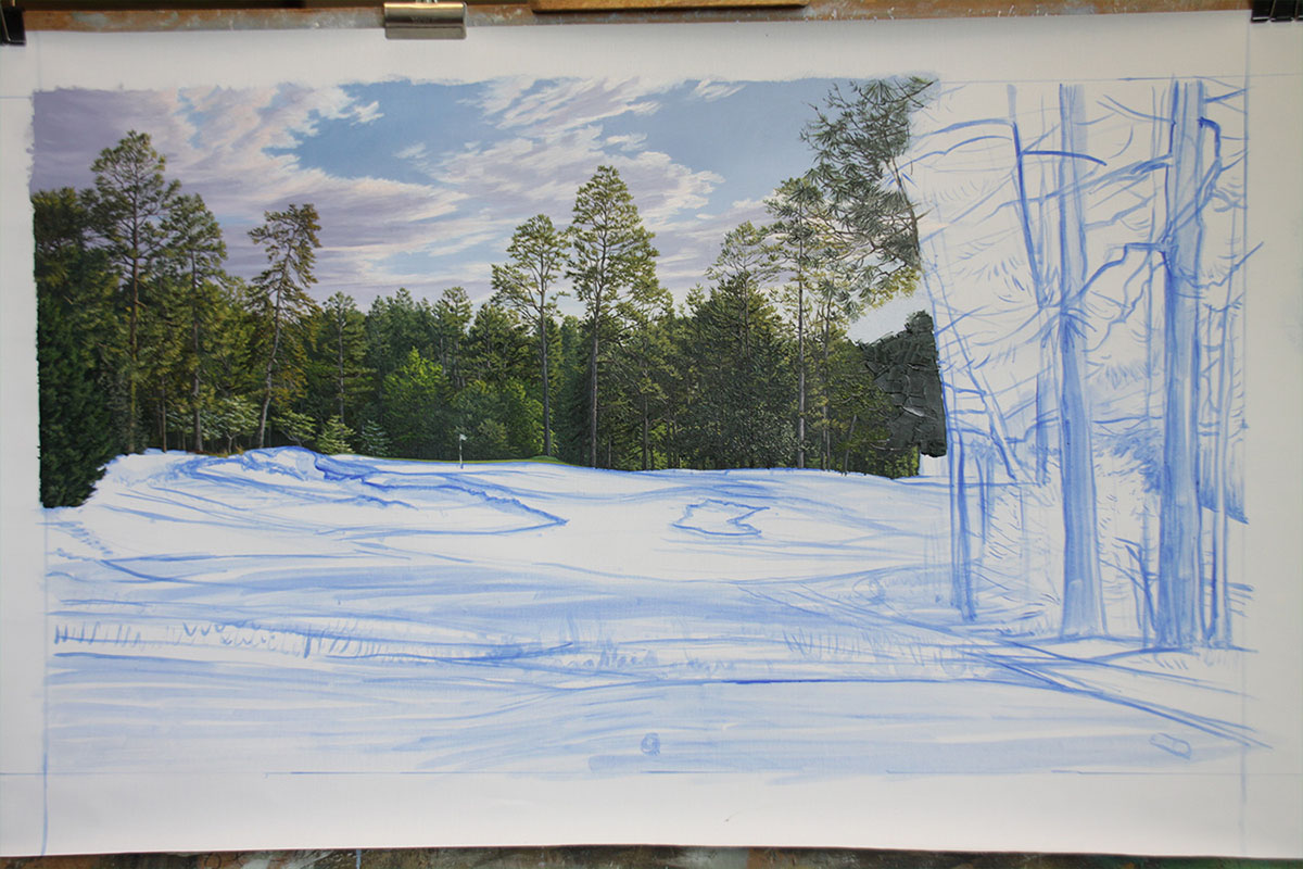 A work-in-progress painting of the 5th hole at Pinehurst, 2014 US Open Championship by renowned Hilton Head Island artist Linda Hartough