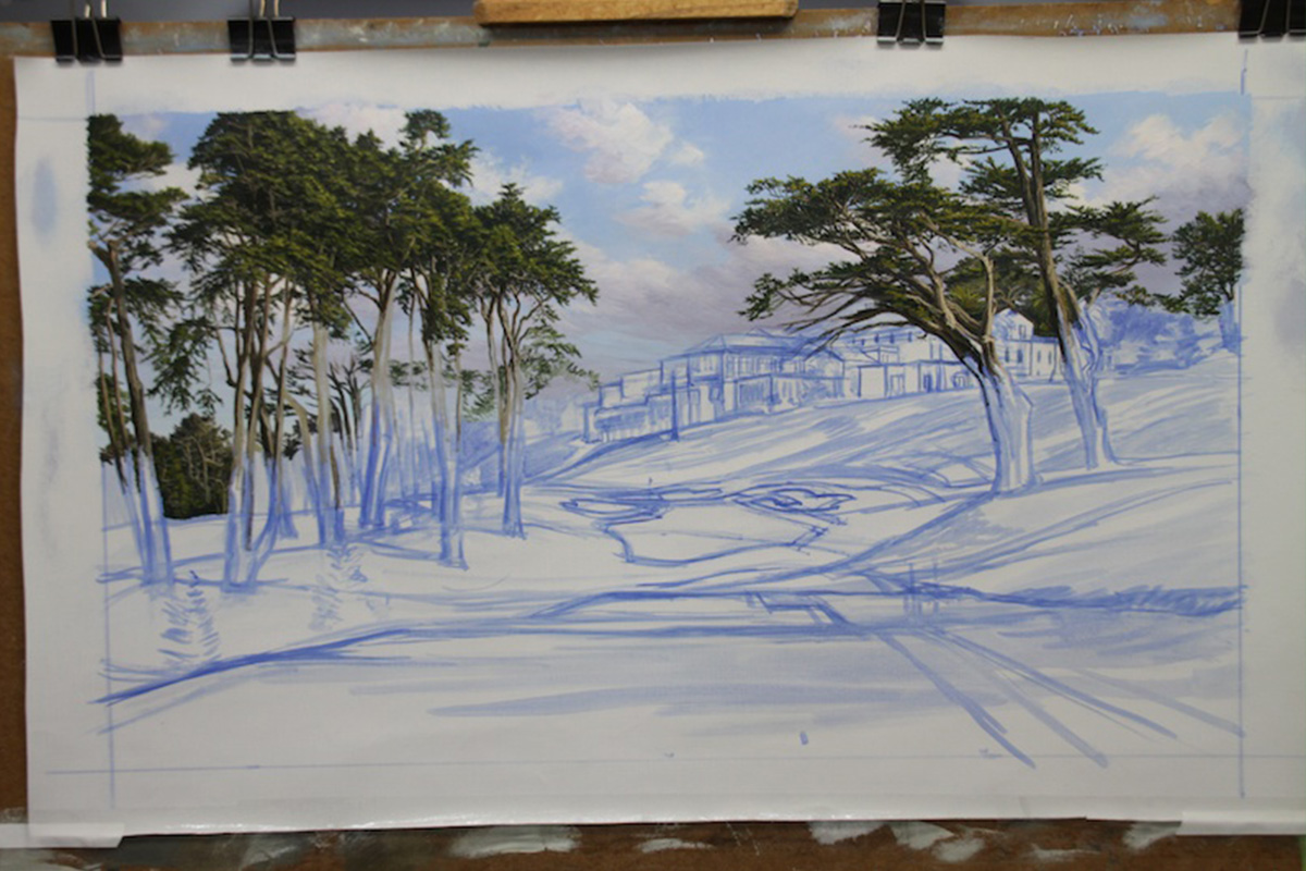 A work-in-progress painting of the 8th hole at Olympic, 2012 US Open Championship by renowned Hilton Head Island artist Linda Hartough