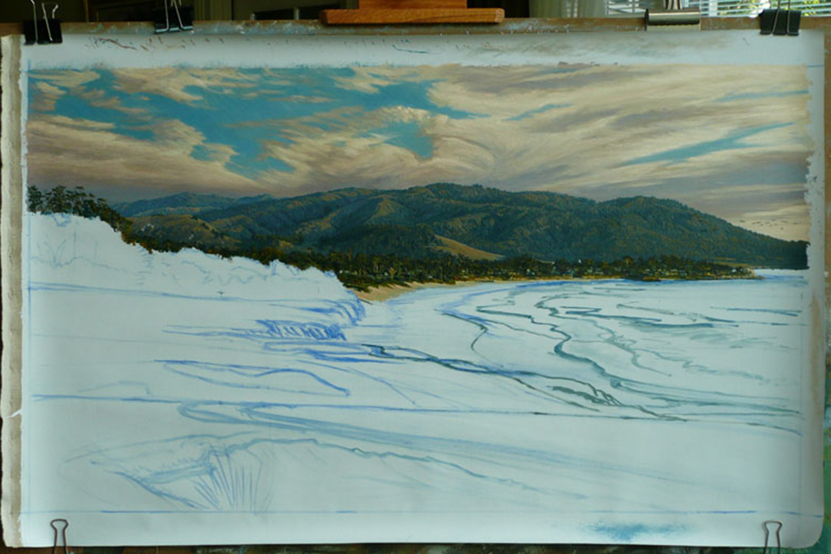 A work-in-progress painting of the 9th hole at Pebble Beach, 2010 US Open Championship by renowned Hilton Head Island artist Linda Hartough