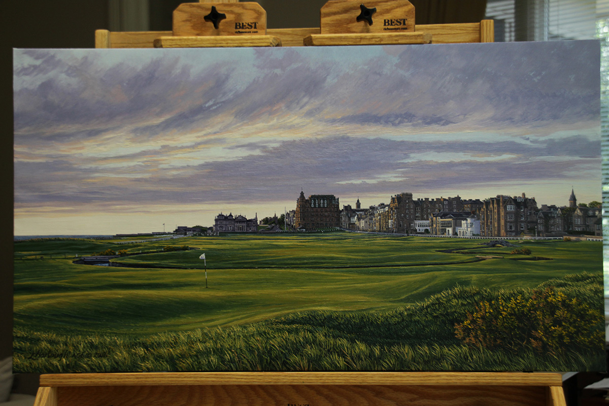 A painting of the 1st hole at St Andrews (Old Course) by renowned Hilton Head Island artist Linda Hartough