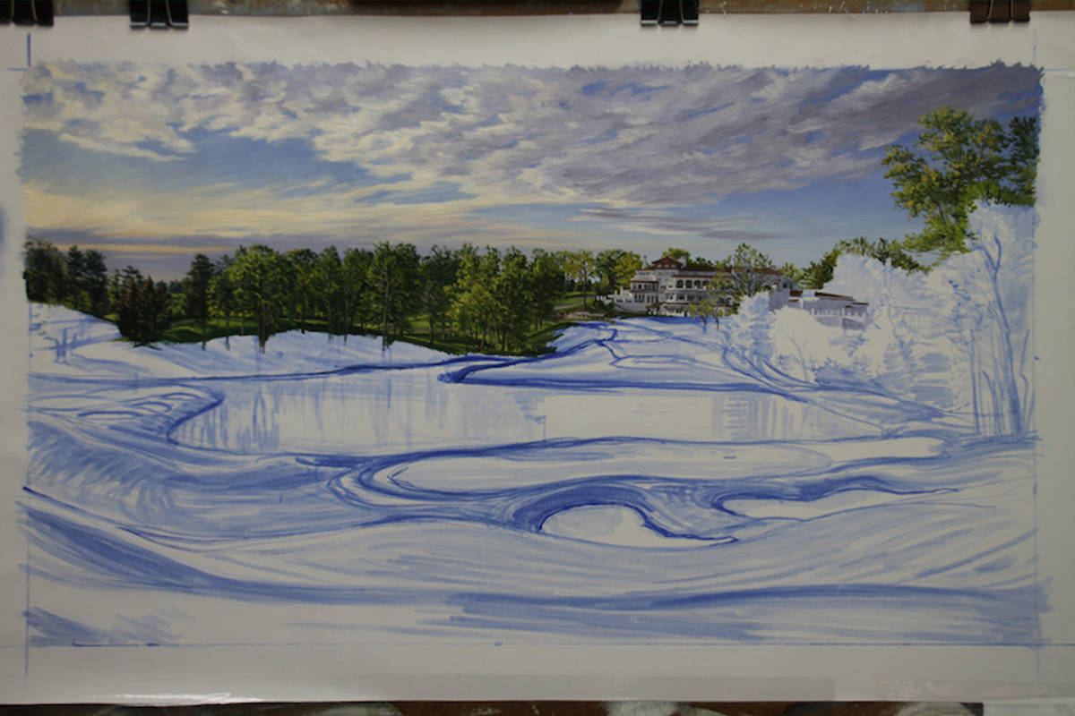 A work-in-progress painting of the 10th hole at Congressional, 2011 US Open Championship by renowned Hilton Head Island artist Linda Hartough