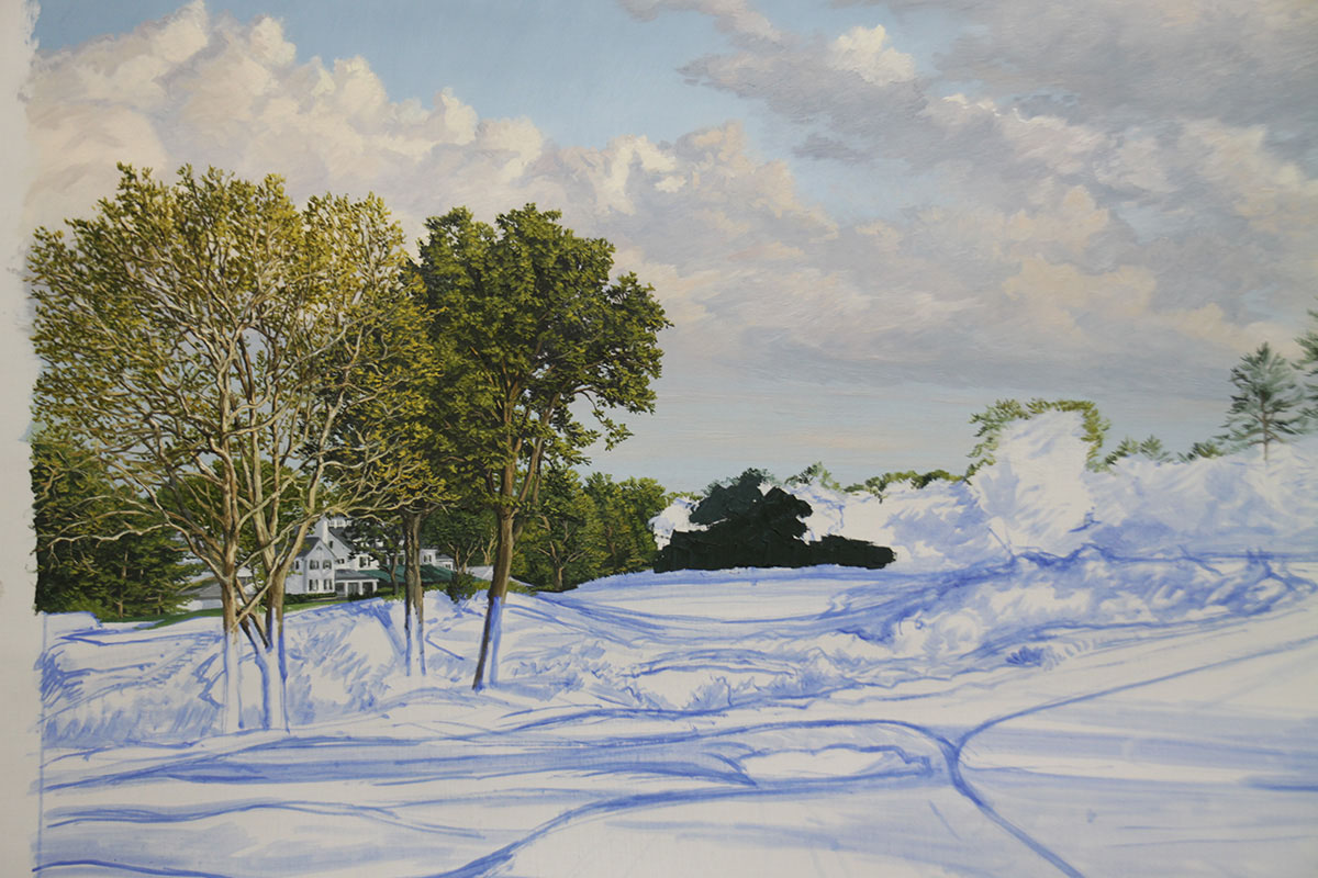 A work-in-progress painting of the 16th hole at Merion, 2013 US Open Championship by renowned Hilton Head Island artist Linda Hartough