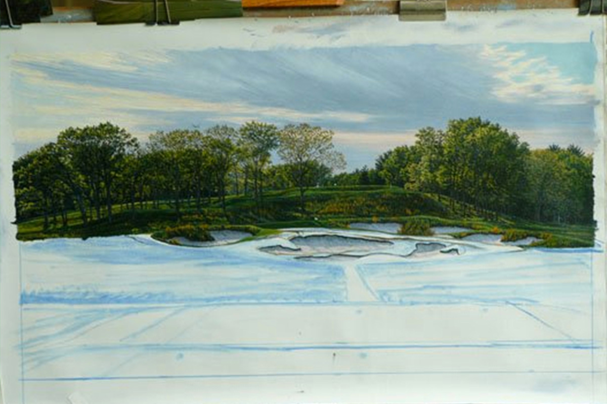 A work-in-progress painting of the 17th hole at Bethpage, 2009 US Open Championship by renowned Hilton Head Island artist Linda Hartough