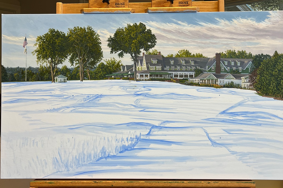 A work-in-progress painting of the 18th hole at Oakmont Country Club by renowned Hilton Head Island artist Linda Hartough