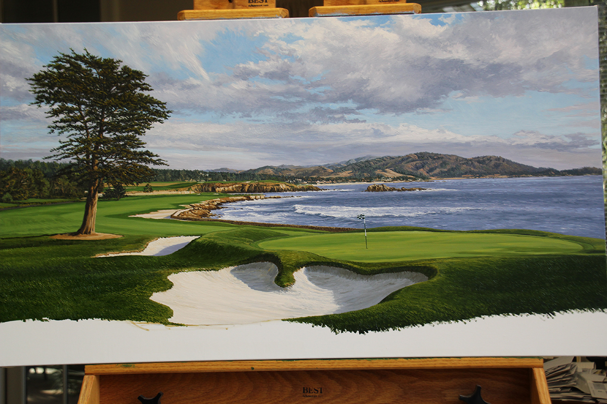 A work-in-progress painting of the 18th hole at Pebble Beach by renowned Hilton Head Island artist Linda Hartough