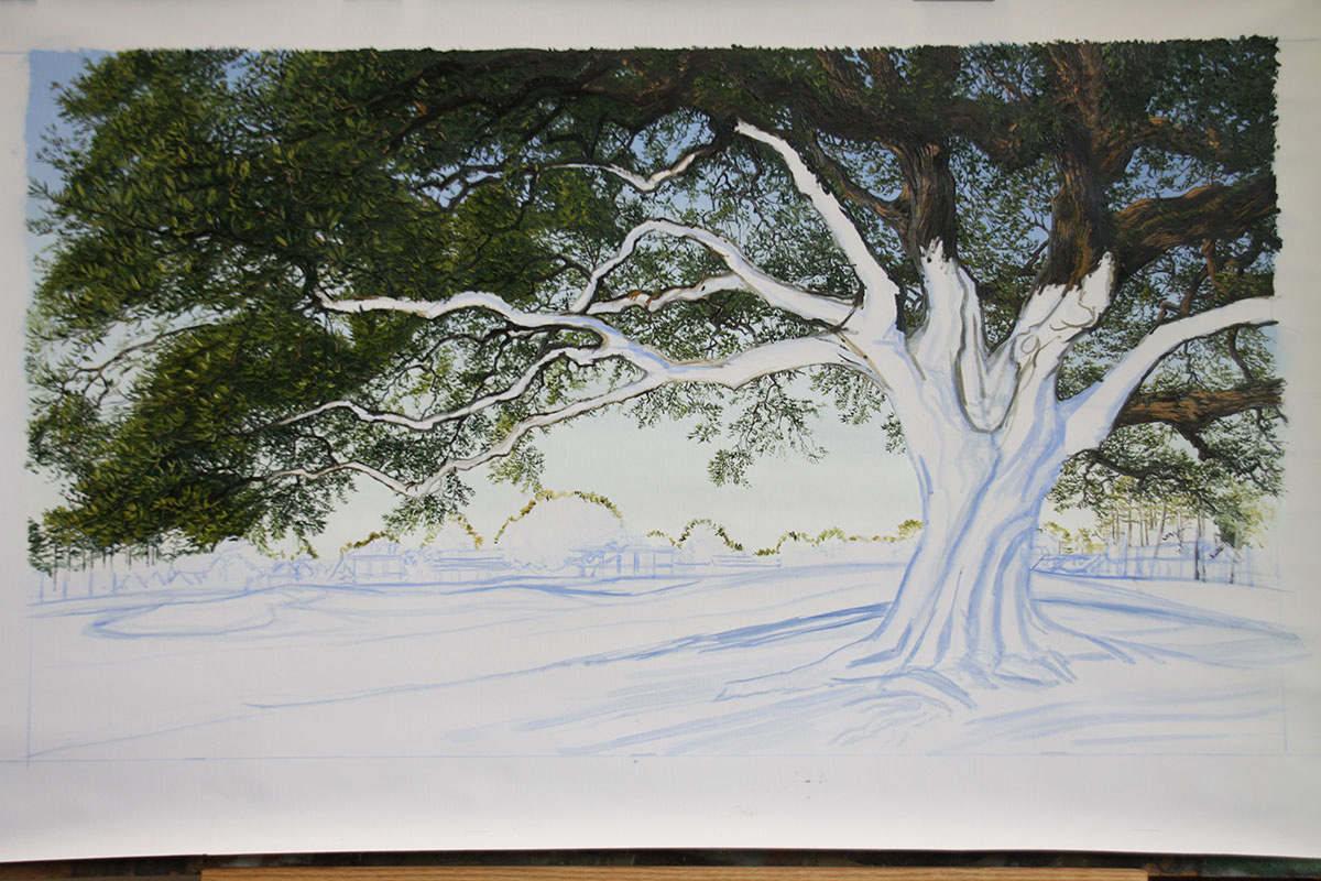 A work-in-progress painting of the 18th hole at Clubhouse, Augusta National by renowned Hilton Head Island artist Linda Hartough