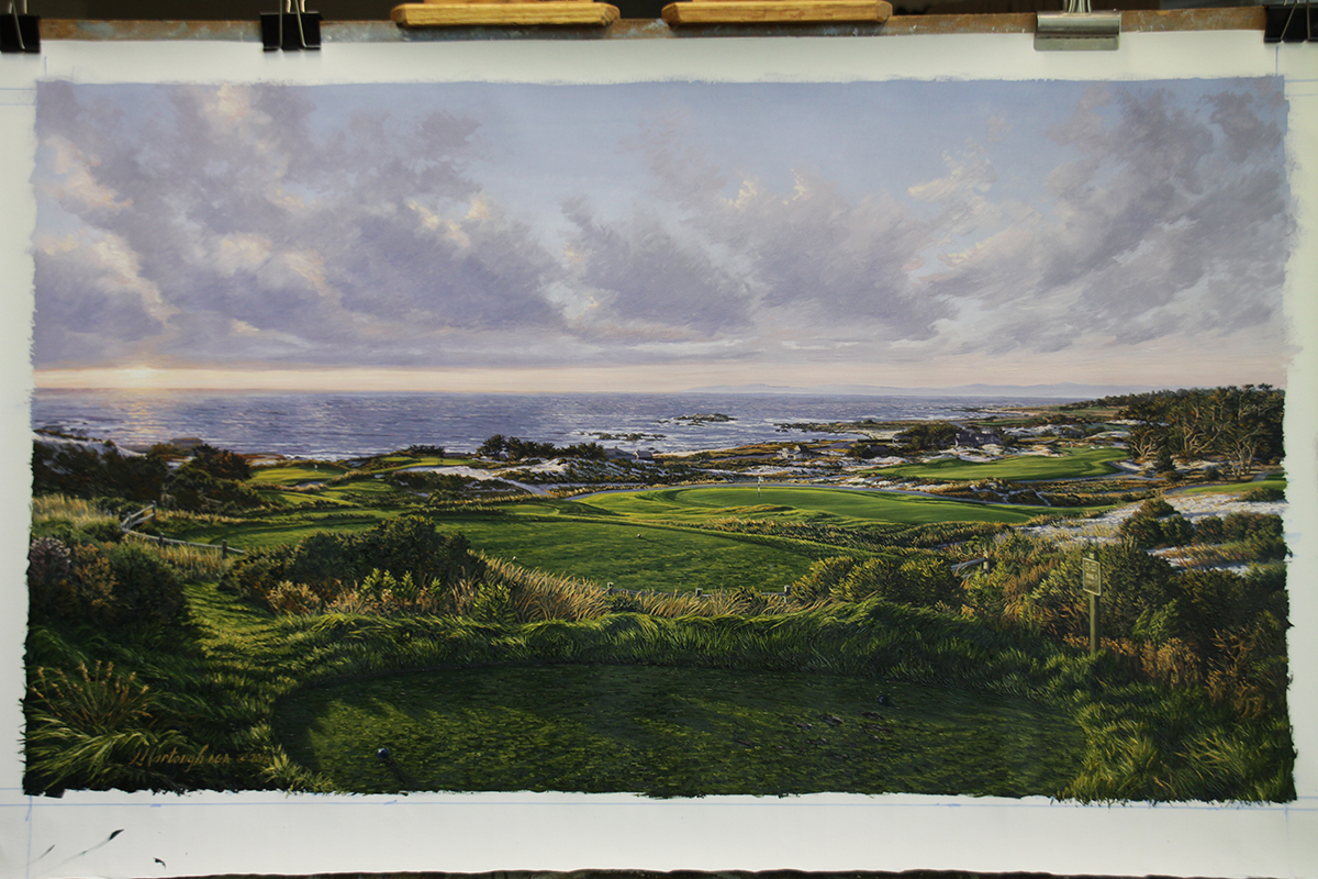 A work-in-progress painting of the 3rd hole at Spy Glass Hill by renowned Hilton Head Island artist Linda Hartough
