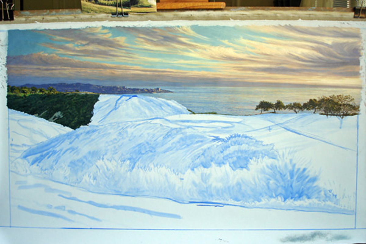 A work-in-progress painting of the 3rd hole at Torrey Pines, 2008 US Open Championship by renowned Hilton Head Island artist Linda Hartough