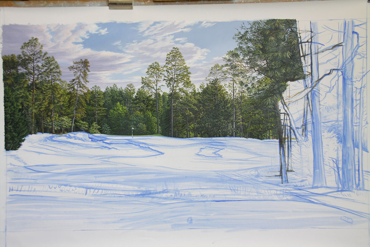 A work-in-progress painting of the 5th hole at Pinehurst, 2014 US Open Championship by renowned Hilton Head Island artist Linda Hartough