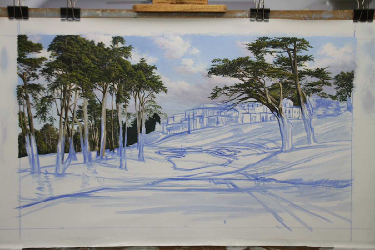 A work-in-progress painting of the 8th hole at Olympic, 2012 US Open Championship by renowned Hilton Head Island artist Linda Hartough