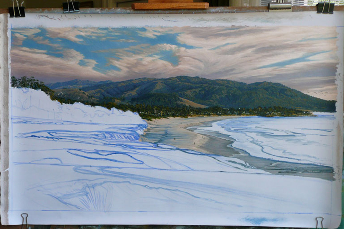 A work-in-progress painting of the 9th hole at Pebble Beach, 2010 US Open Championship by renowned Hilton Head Island artist Linda Hartough
