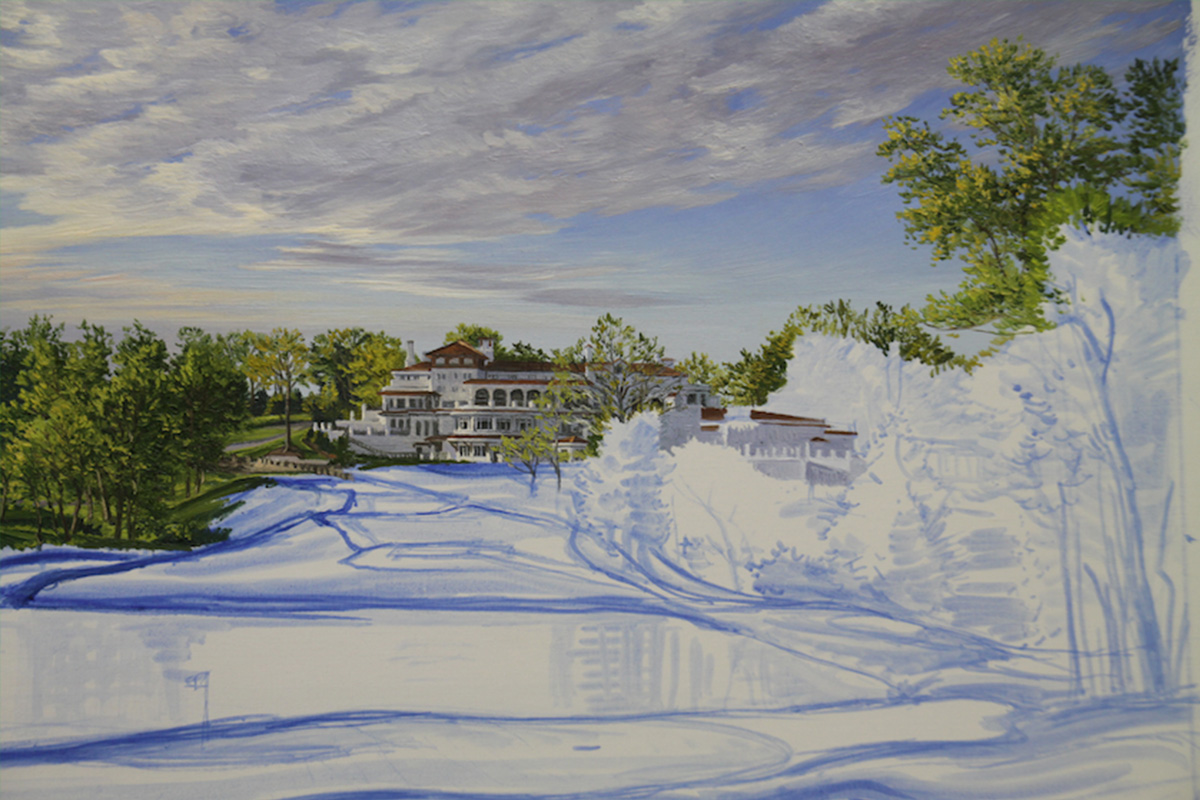 A work-in-progress painting of the 10th hole at Congressional, 2011 US Open Championship by renowned Hilton Head Island artist Linda Hartough