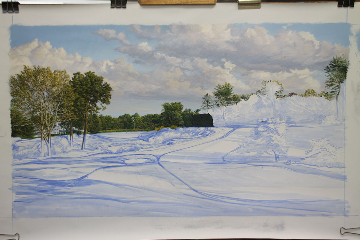 A work-in-progress painting of the 16th hole at Merion, 2013 US Open Championship by renowned Hilton Head Island artist Linda Hartough