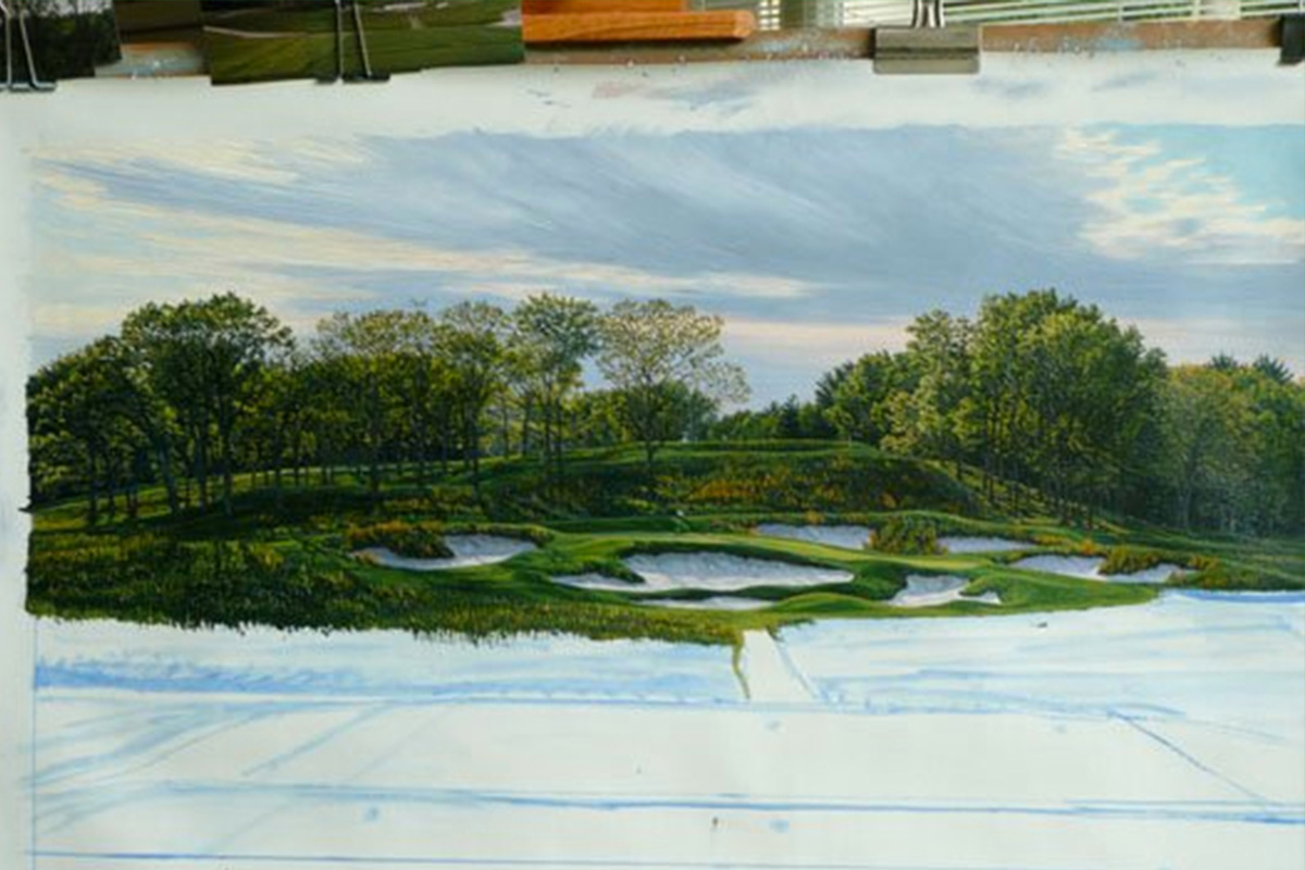 A work-in-progress painting of the 17th hole at Bethpage, 2009 US Open Championship by renowned Hilton Head Island artist Linda Hartough