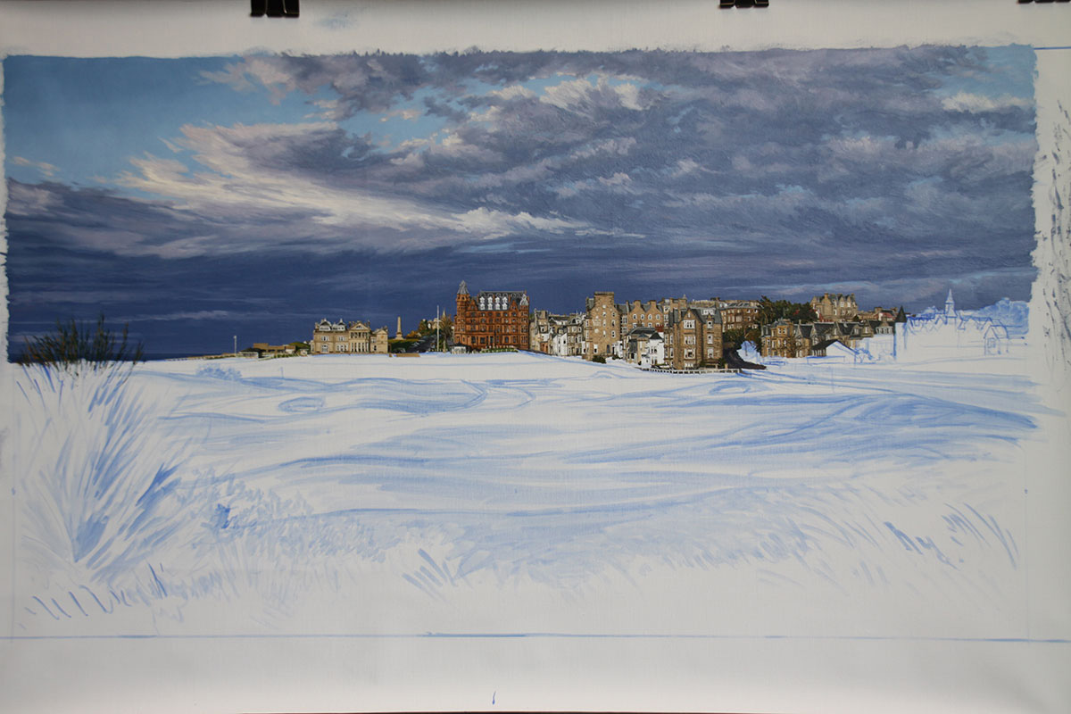 A work-in-progress painting of the 17th hole at Road Hole, St Andrews by renowned Hilton Head Island artist Linda Hartough