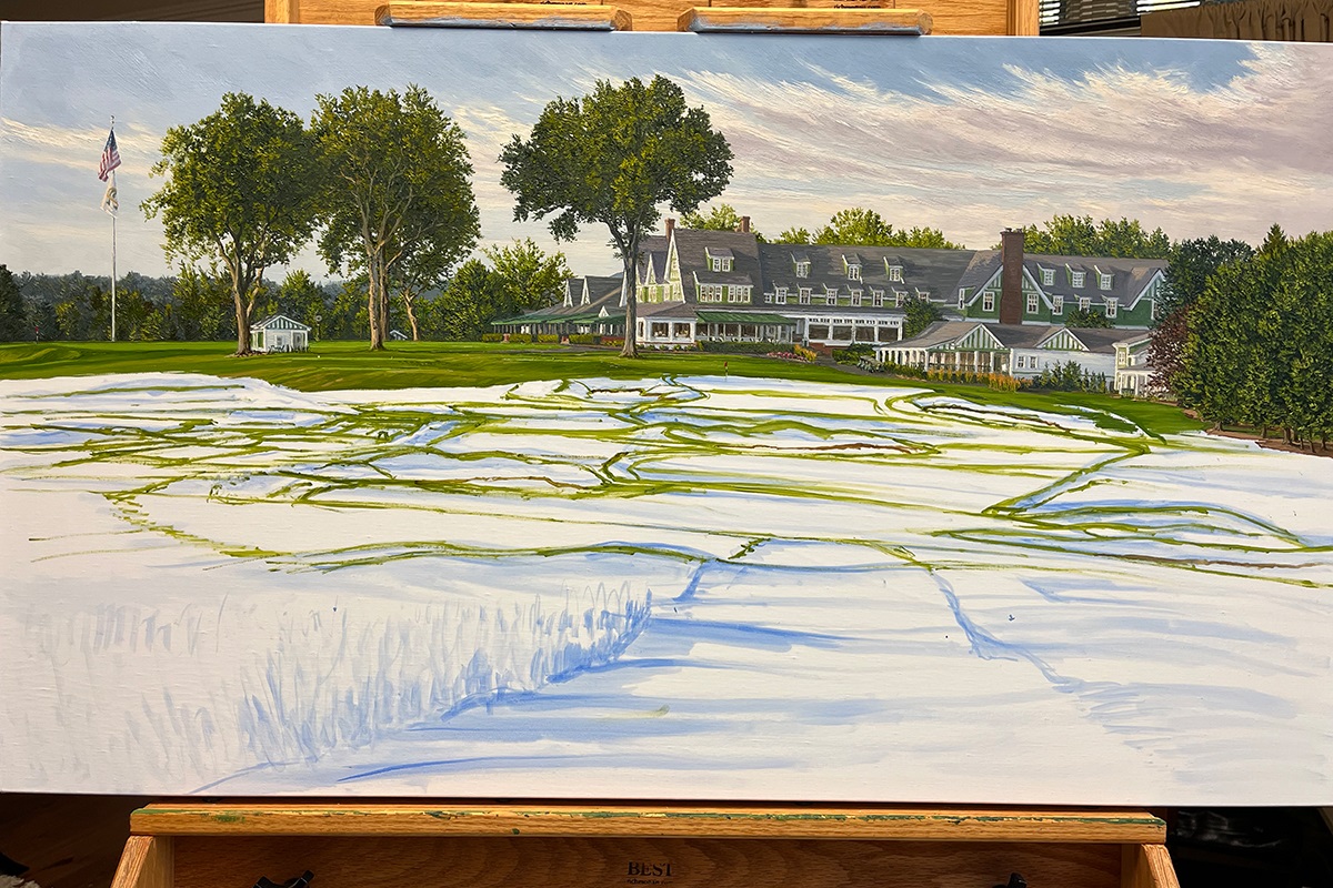 A work-in-progress painting of the 18th hole at Oakmont Country Club by renowned Hilton Head Island artist Linda Hartough