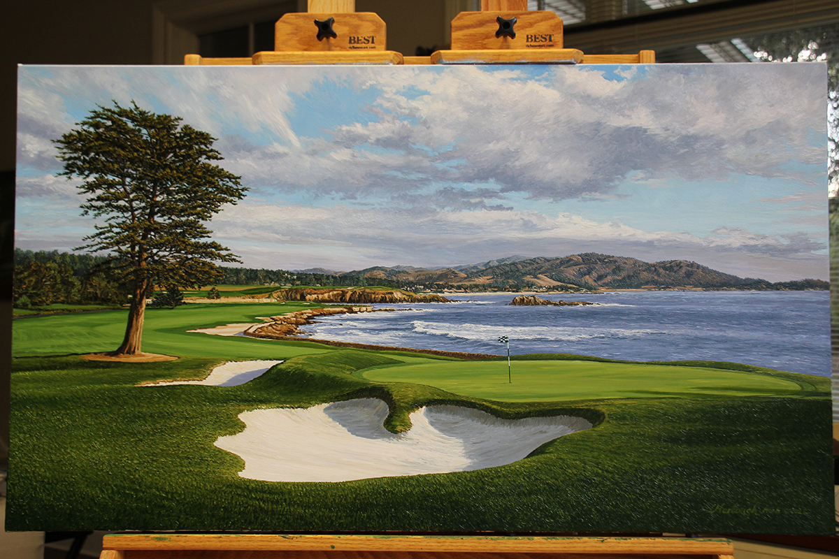 A painting of the 18th hole at Pebble Beach by renowned Hilton Head Island artist Linda Hartough