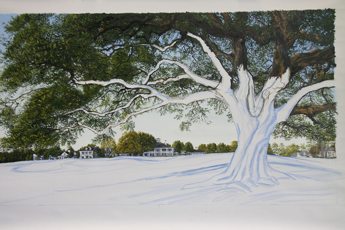 A work-in-progress painting of the 18th hole at Clubhouse, Augusta National by renowned Hilton Head Island artist Linda Hartough
