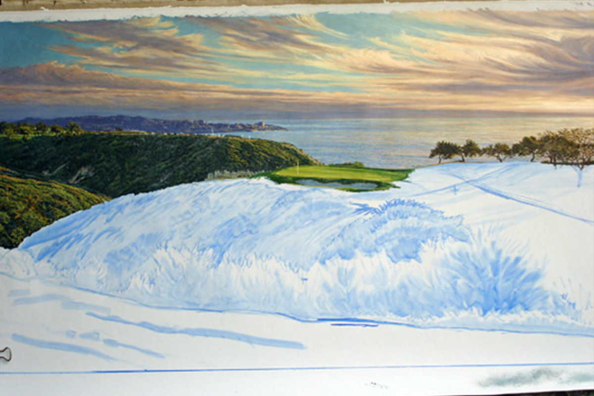 A work-in-progress painting of the 3rd hole at Torrey Pines, 2008 US Open Championship by renowned Hilton Head Island artist Linda Hartough