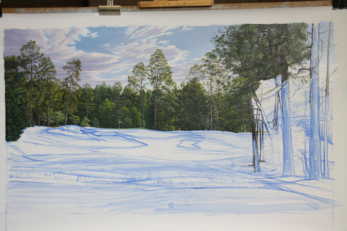 A work-in-progress painting of the 5th hole at Pinehurst, 2014 US Open Championship by renowned Hilton Head Island artist Linda Hartough