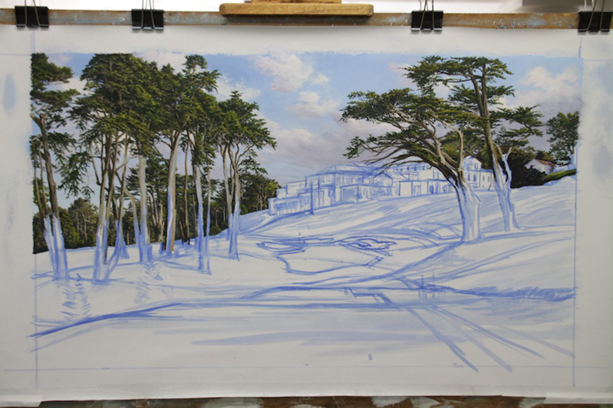 A work-in-progress painting of the 8th hole at Olympic, 2012 US Open Championship by renowned Hilton Head Island artist Linda Hartough