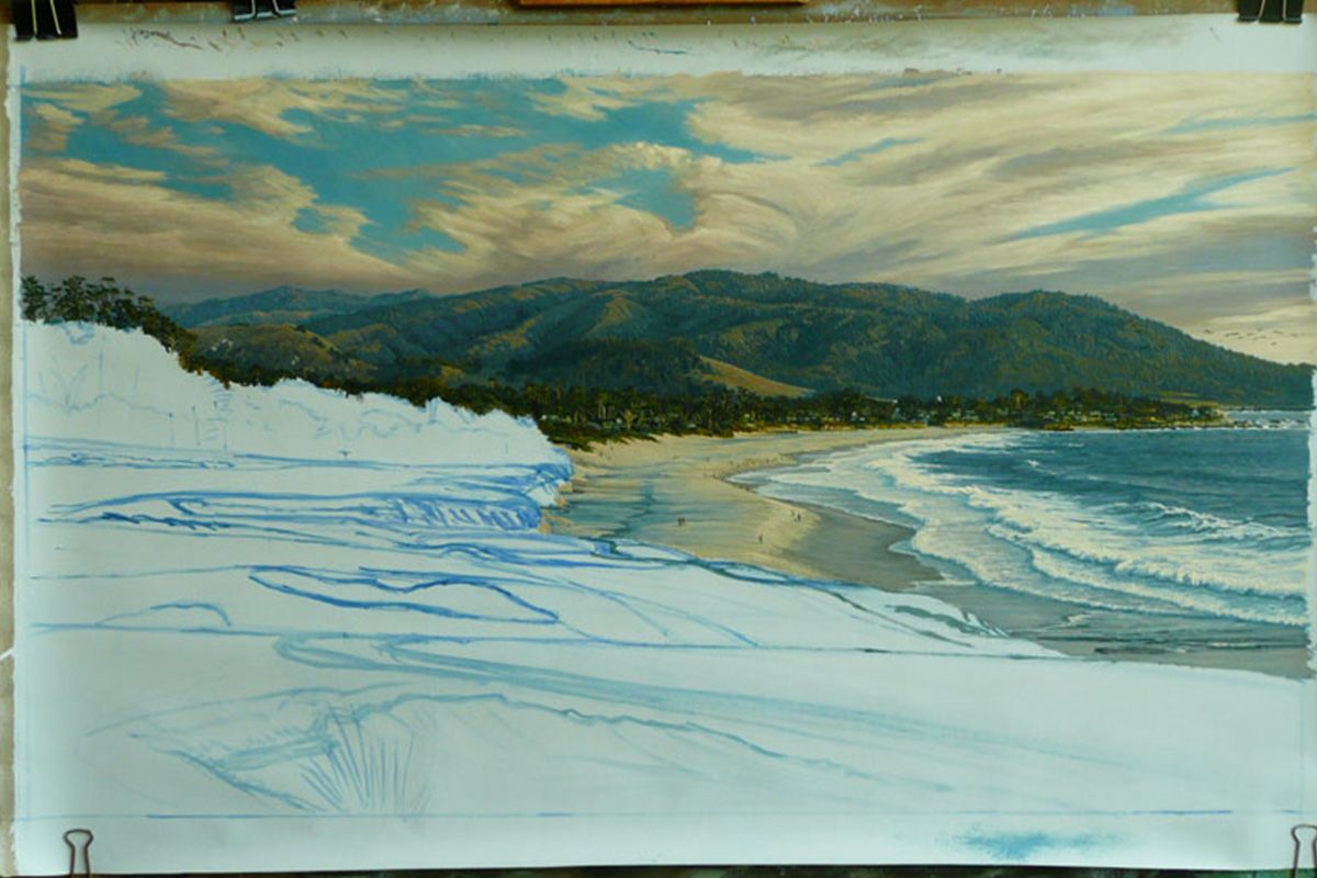 A work-in-progress painting of the 9th hole at Pebble Beach, 2010 US Open Championship by renowned Hilton Head Island artist Linda Hartough