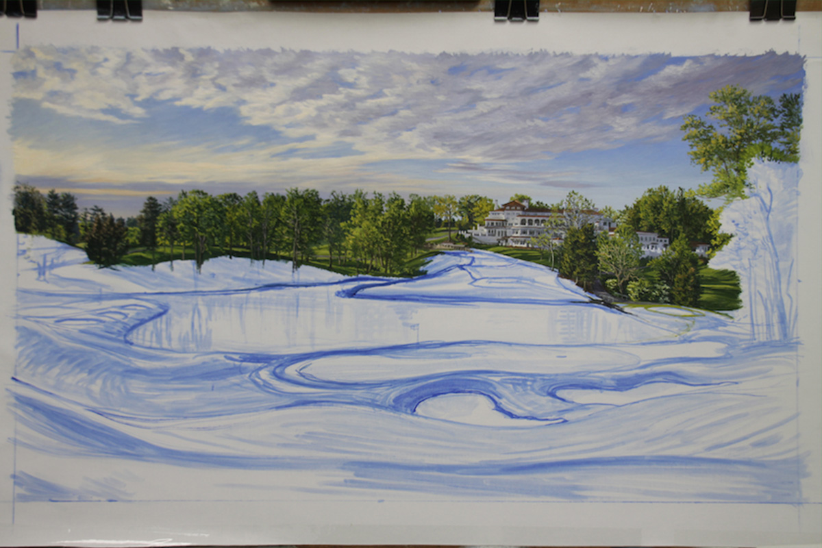 A work-in-progress painting of the 10th hole at Congressional, 2011 US Open Championship by renowned Hilton Head Island artist Linda Hartough